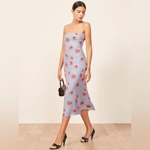 Reformation Lavender Slip Midi Dress with Pink Floral Print